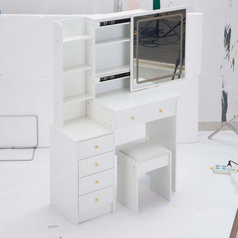 Versatile Bedside Cabinet with Advanced LED Mirror and Abundant Storage, White