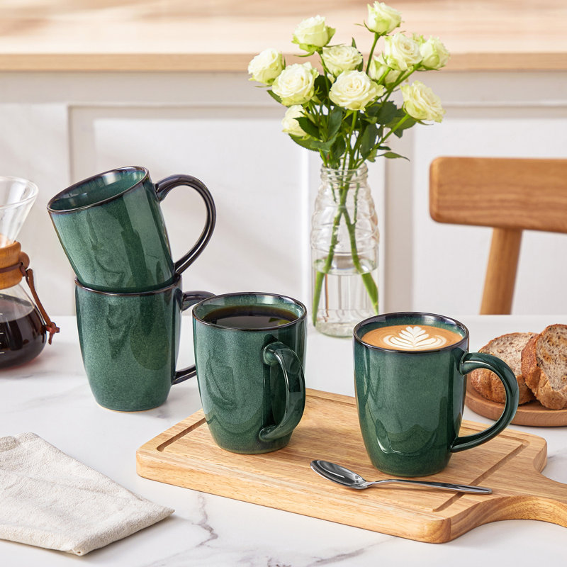 12oz Ceramic Coffee Mug Set of 4, Double-Sided Brown Reactive Glazed Stoneware Cups, Set of 4, Green, 480ml