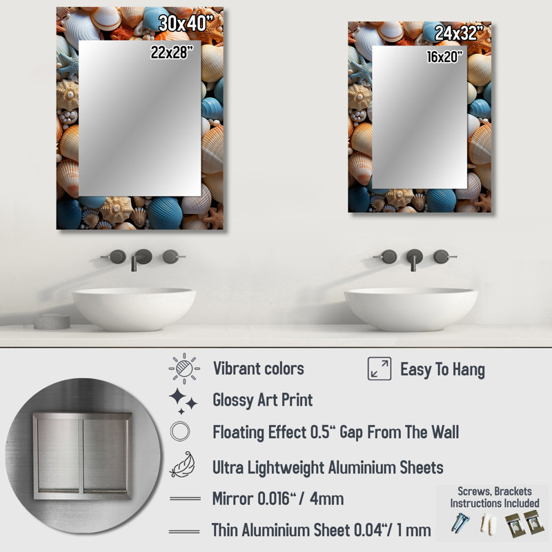 Beach Photo Seashell Symphony VII - Coastal Large Wall Mirror, Teal Unique Mirror, Printed Metal Art, 32" x 24"