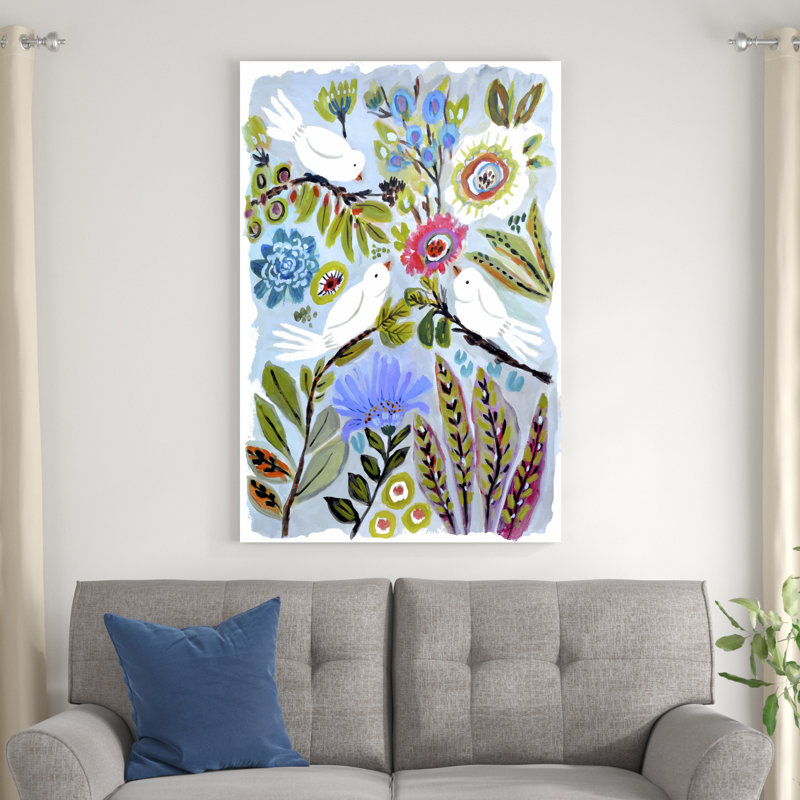 «Bird Love I» par Karen Fields - peinture sur toile tendue, H 48 po x l 32 po