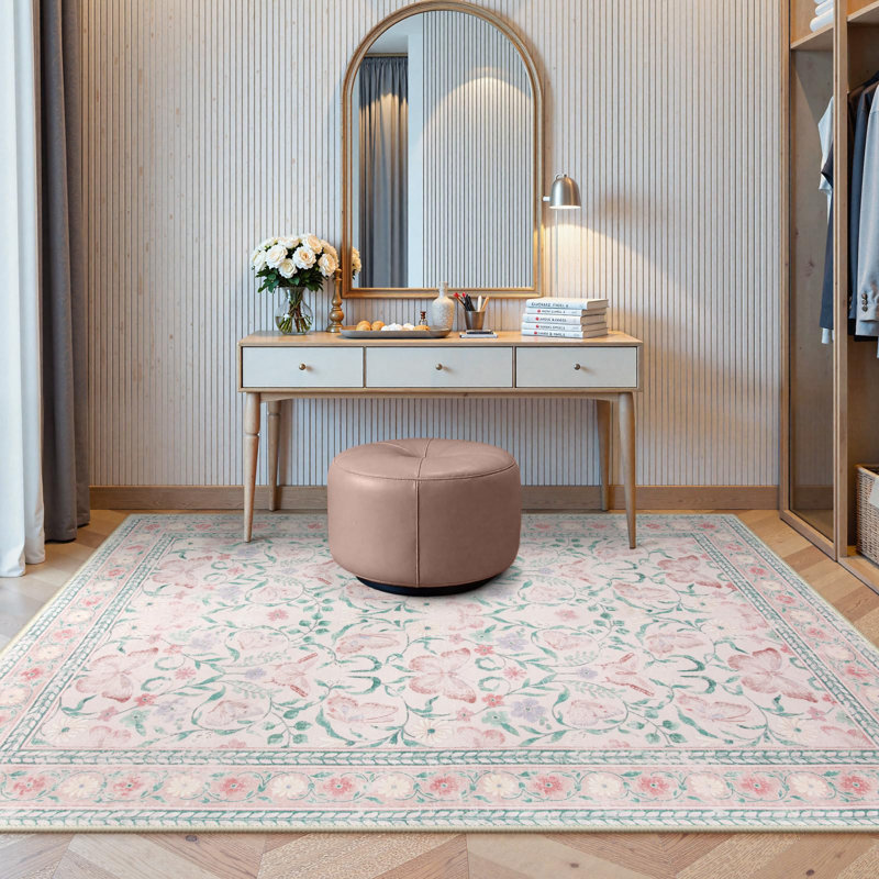Kaldi Washable Area Rug for Bedroom Floral Ultra-Thin Non-Slip Pastel Bedroom Nursery Playroom Carpet, Rectangle 5' x 7'
