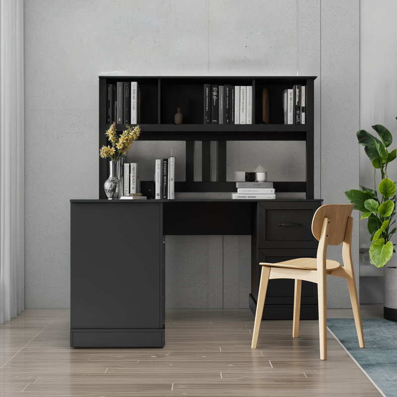 Home Office Computer Desk With Storage Cabinet + Antique Black Finish A Practical Desk Suitable For Home Office Scenes, Black