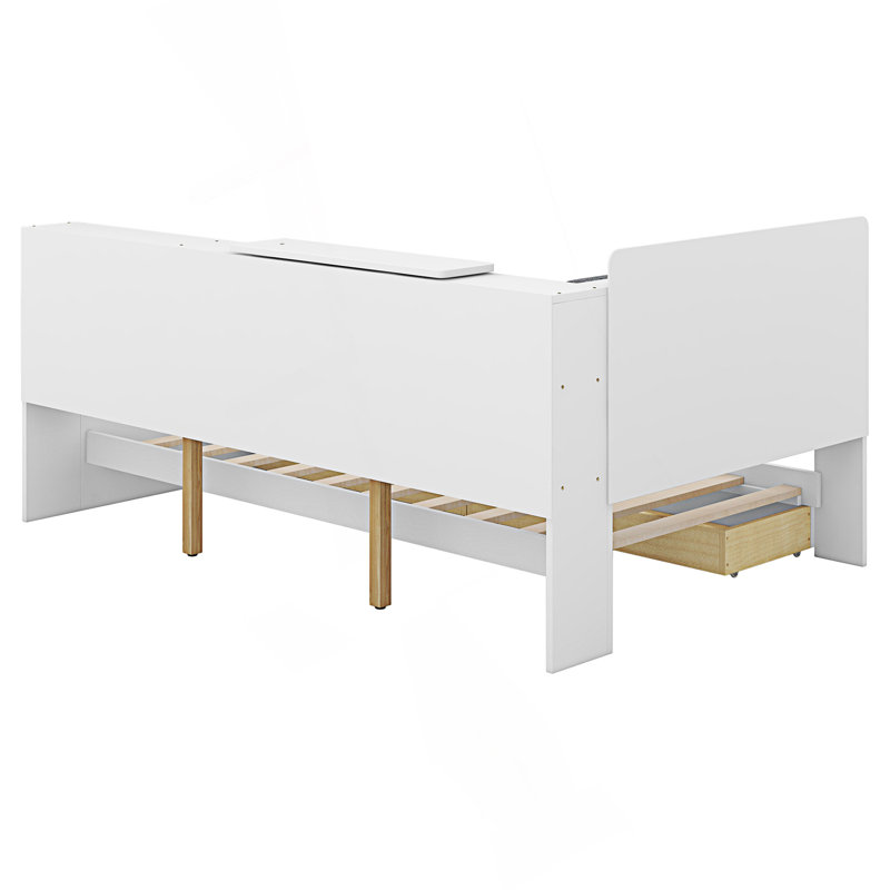 Lit plateforme simple avec tête de lit, tablettes et 2 tiroirs, Blanc