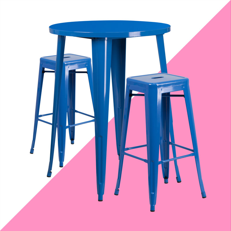 Gyala Round Metal Indoor-Outdoor Bar Table Set with 2 Square Seat Backless Stools, 41" H x 30" W x 30" D, Blue