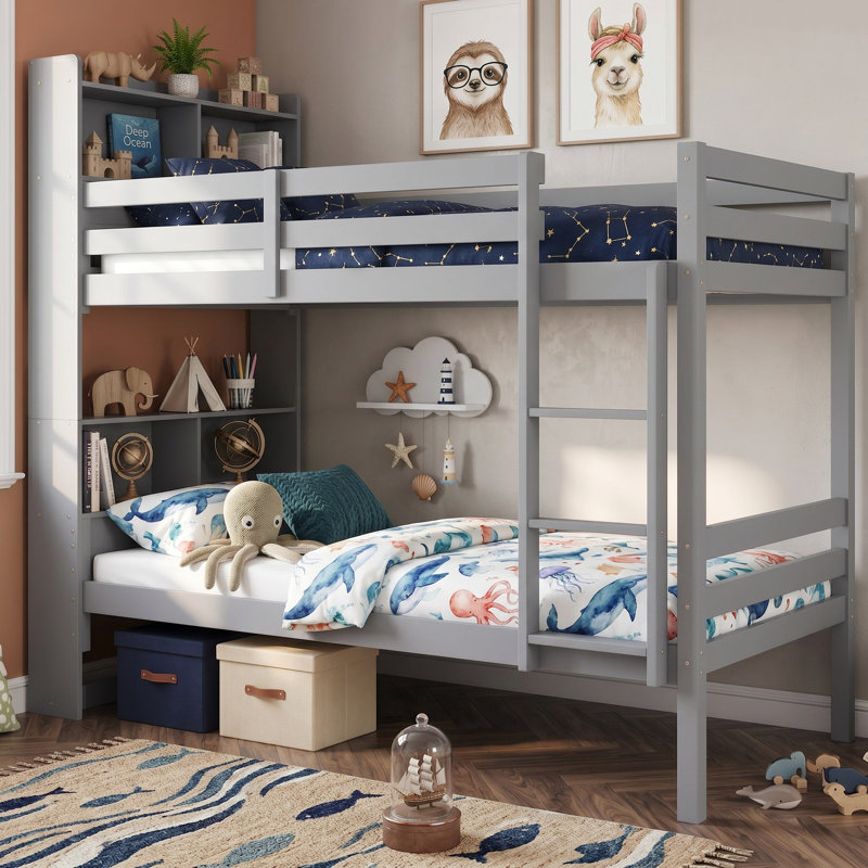 Lit superposé simple au-dessus d'un lit simple avec tablettes et garde-corps avec échelle convertible en 2 lits, Gris