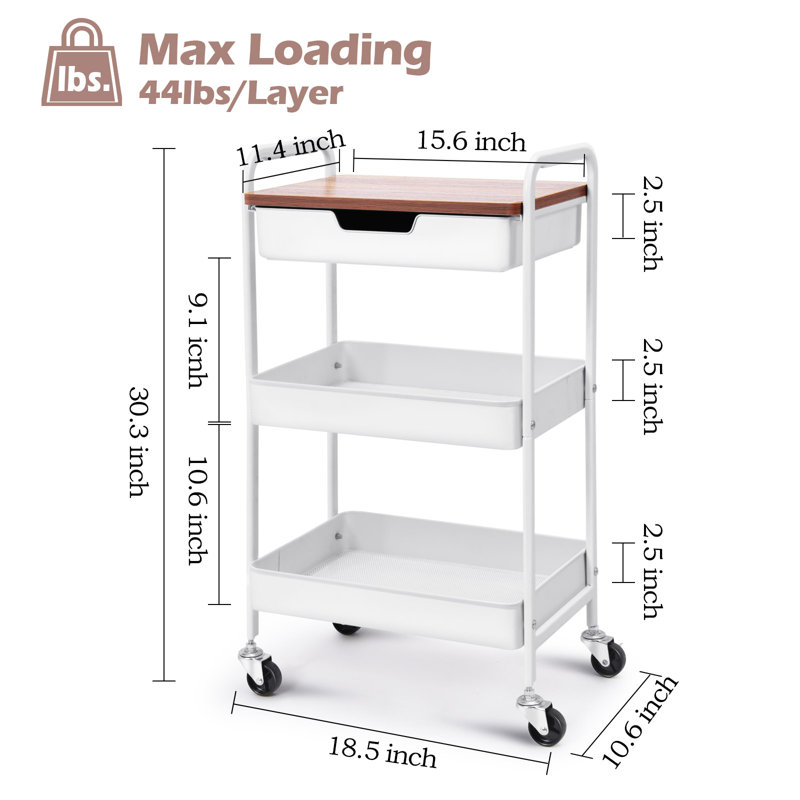 3-Tier Stainless Steel Rolling Cart with Drawer, Metal Utility Cart with Wheels, Salon Trolley Cart, Storage Cart,Bathroom Cart,Metal Cart,Printer Stand