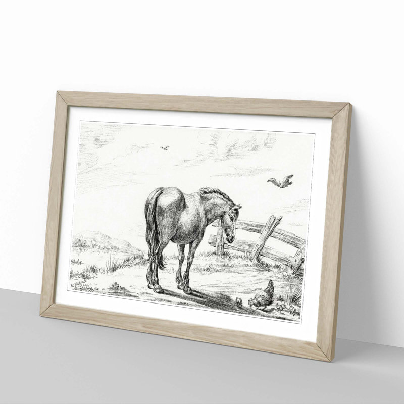 Horse in a Meadow by Jean Bernard - Picture Frame Drawing Print, Oak Framed, 27cm H x 36cm W x 2cm D