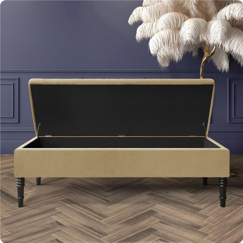 Safar Plain Upholstered Plush Velvet Ottoman Storage Bench with Black Turned Wooden Legs, Mink, 40cm H x 120cm W x 40cm D