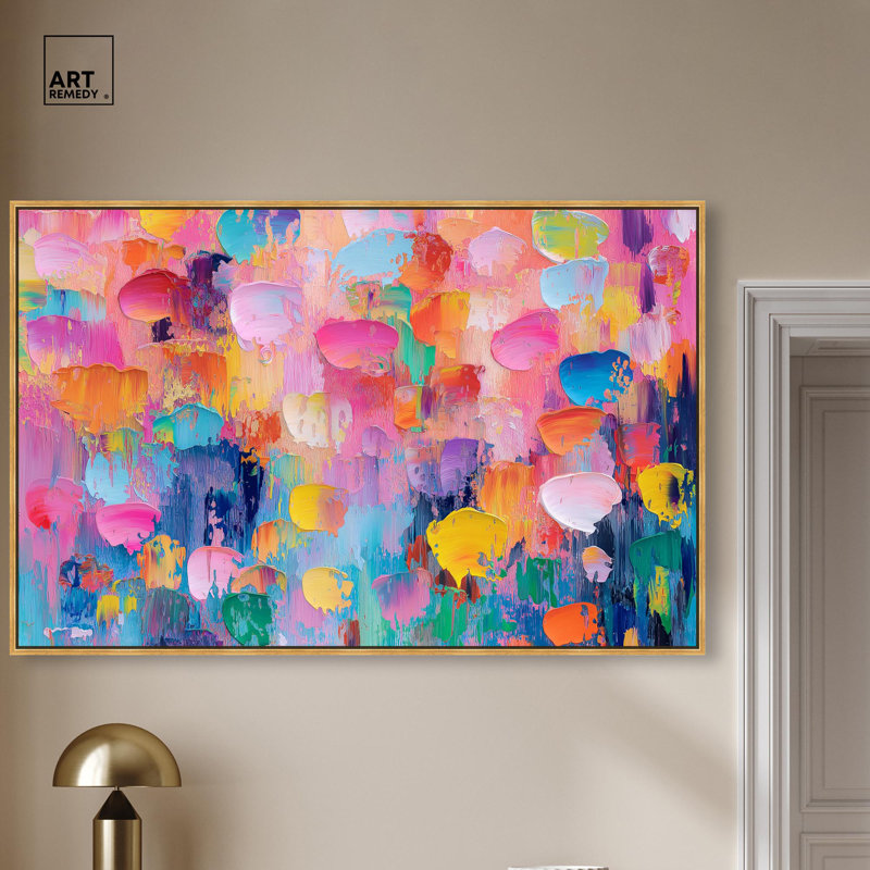 Jubilé de couleurs sur toile abstrait Pop Art par , H 37 po x l 55 po, Cadre flottant doré