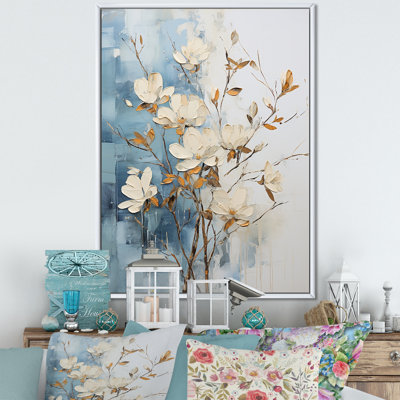 «Elegant White and Blue Magnolias Serenity III», reproduction sur toile