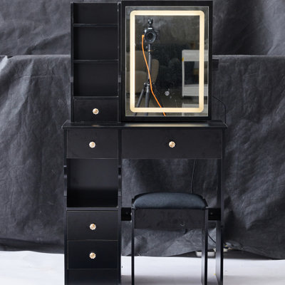 Petite coiffeuse, tiroir de gauche, commode tricolore, miroir réglable en luminosité, tabouret rembourré, chambres à coucher de style américain, tiroir noir à DEL
