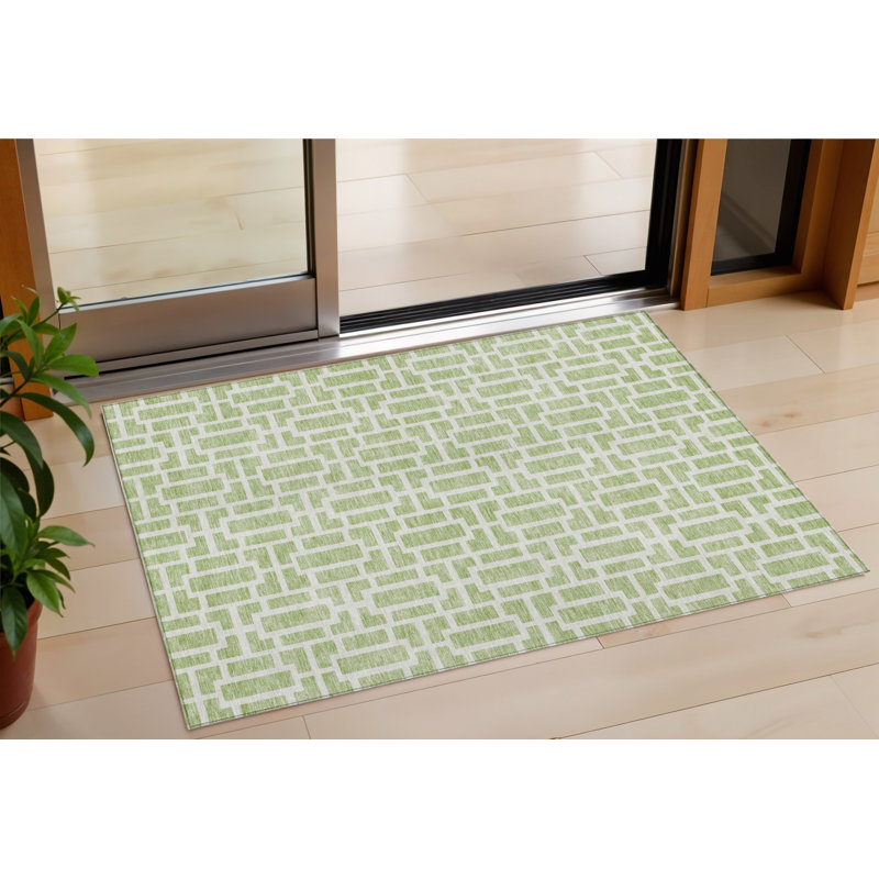 3' X 5' Artichoke Green And Ivory Geometric Washable Indoor Outdoor Area Rug