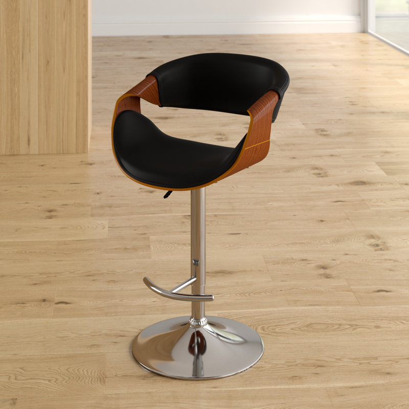 Alvin Swivel Adjustable Height Bar Stool with Pedestal Base in Faux Leather, Walnut Wood and Chrome, Black Faux Leather