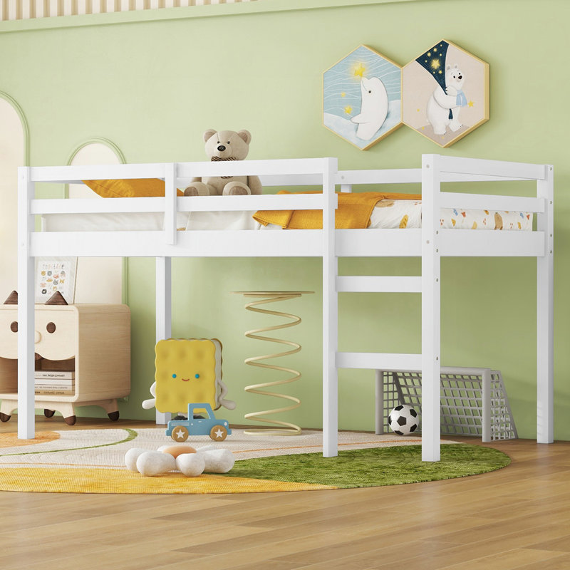 Lit mezzanine simple en bois massif avec échelle, Blanc