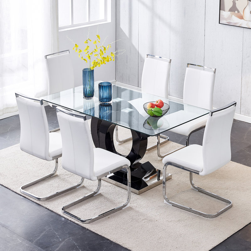 Ensemble de table de salle à manger Crystalynn, Blanc, 7 pièces : table, 6 chaises