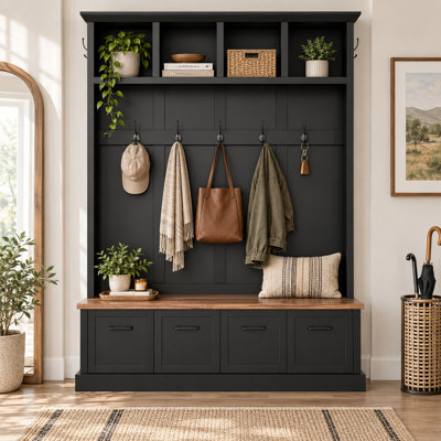 Parkchester 75-Inch Hall Tree with 7 Hooks, Display Shelves, 4 Drop-Front Cabinets and Storage Bench