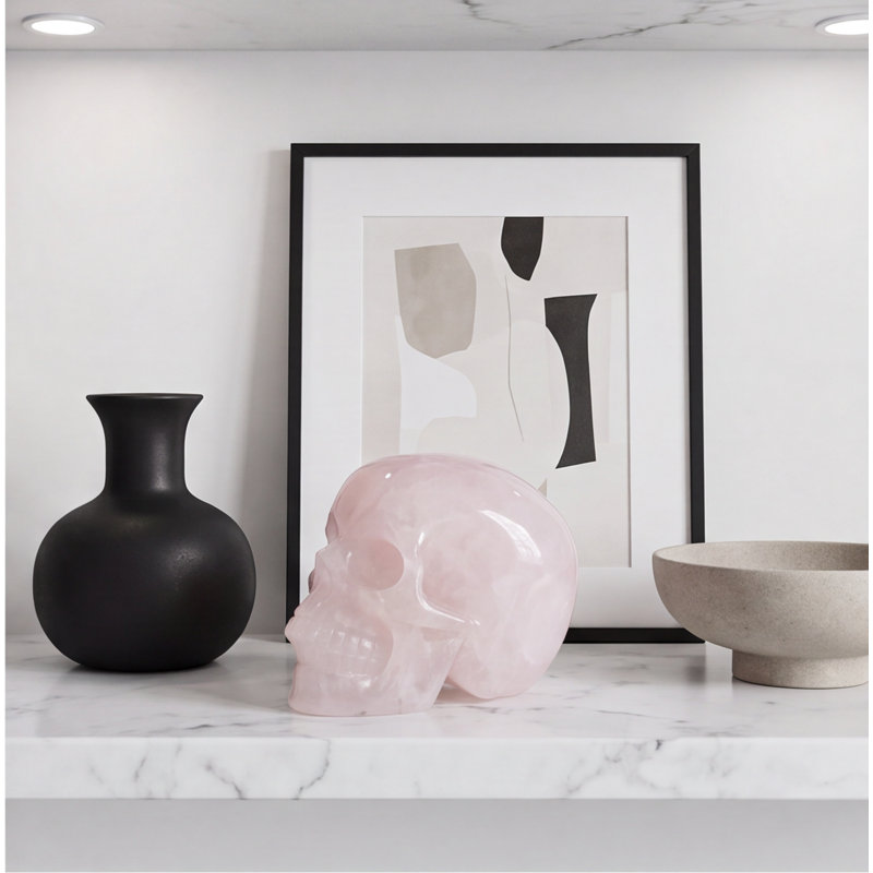 Sculpture crâne de cristal de quartz rose, pierre naturelle sculptée à la main 2 pouces