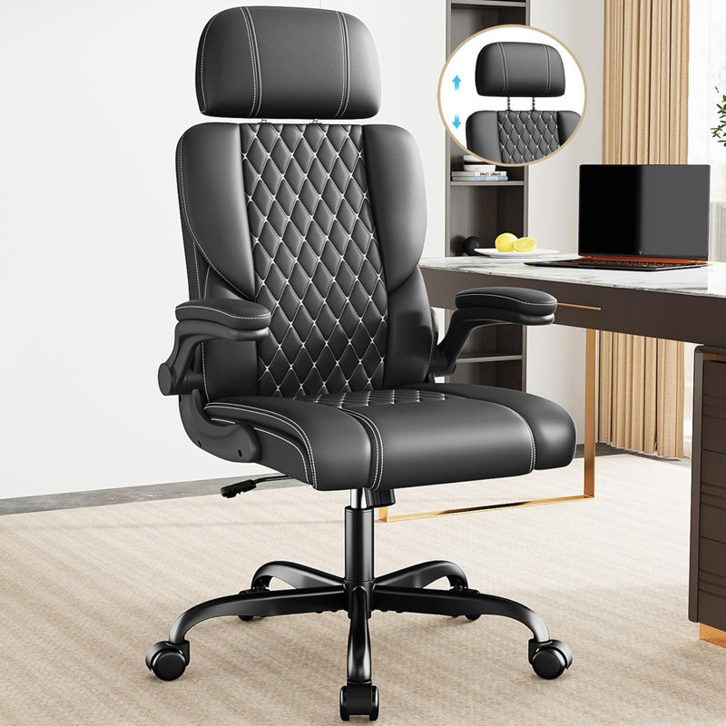 Black Executive Leather Office Chair - Comfy Desk Chair With Adjustable Headrest, Flip-Up Padded Arms, Lumbar Support, Height/Tilt & Rolling Swivel