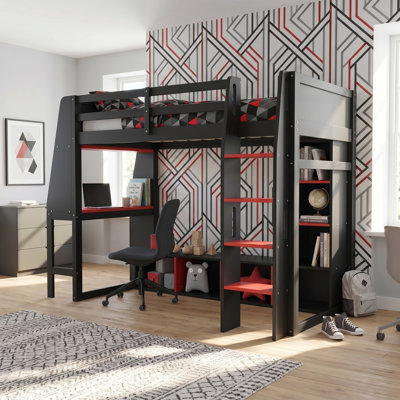 Lit de jeu double en bois massif noir avec cadre en panneau de fibres à densité moyenne avec bureau, tablettes à plusieurs rangements, porte-vêtements à DEL et à suspendre