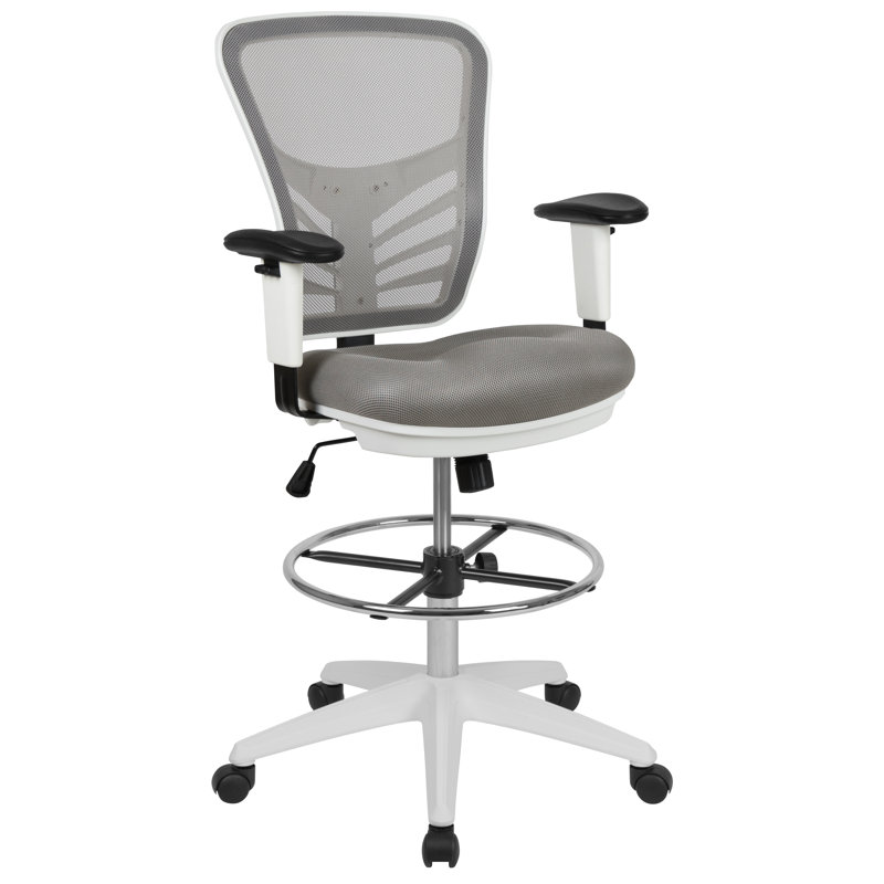 Mid-Back Mesh Ergonomic Drafting Chair with Adjustable Chrome Foot Ring, Adjustable Arms, Light Grey, White