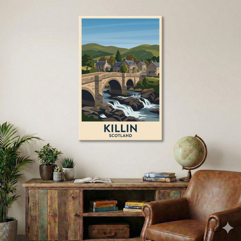 Killin, Scotland - Romantic Travel Poster Of The Falls, Stone Bridge And Highland Village. Giclee Print On Wrapped Canvas. Wall Art, Home Decor - Cities & Towns, Scotland - Wrapped Canvas Print