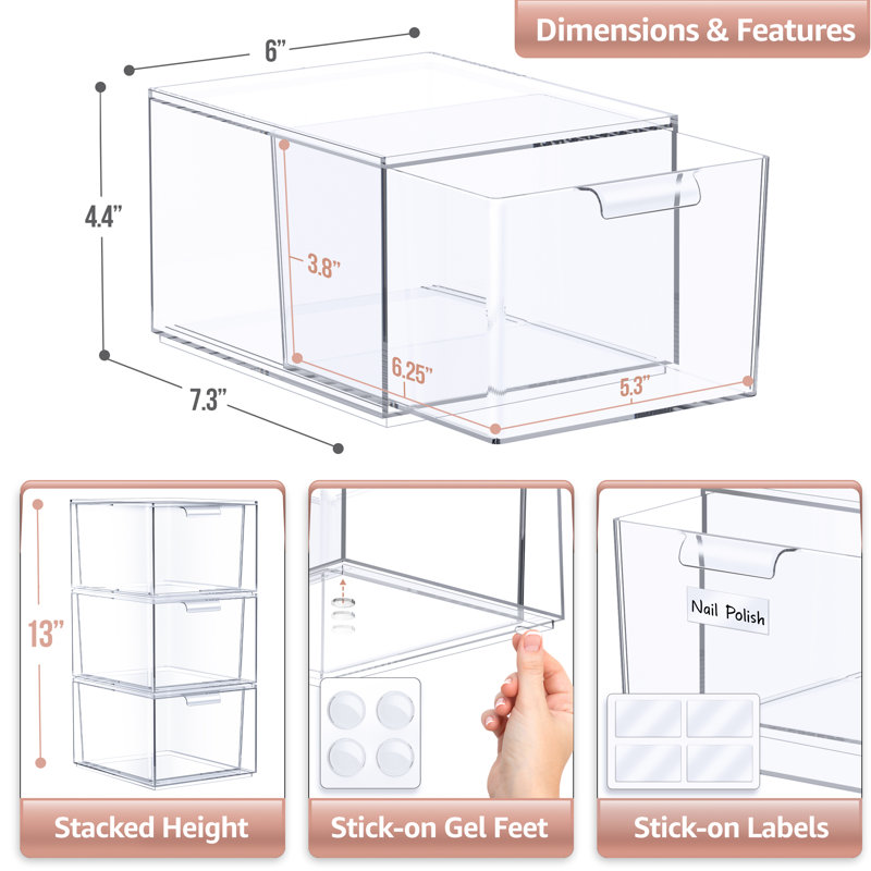  3 Pack Clear Stackable Acrylic Makeup Drawers and Vanity Organizers