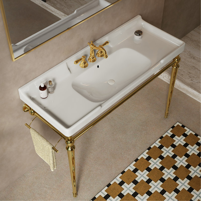 Lavabo mural de salle de bain de 122 cm (48 po), meuble-lavabo en céramique blanche avec 3 trous pré-percés pour robinetterie, pieds autoportants en acier inoxydable, fini doré et lavabo stable haute performance