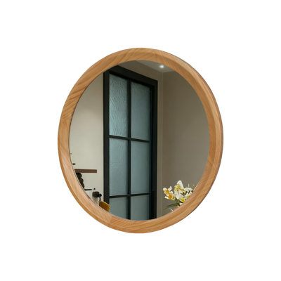 Natural Wood Round Wall Mirror, 23.62" Minimalist Decorative Mirror for Bathroom Vanity/Living Room (Sleek Solid Wood Frame)