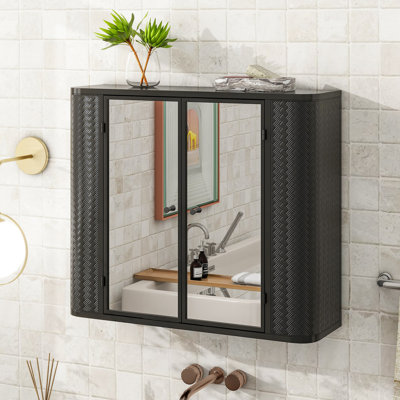 Armoire de rangement de salle de bain noire avec 2 miroirs et une tablette ouverte, style Mid-Century américain, thermolaquée, compartiment à portes miroir en miroir de 28,05 po de profondeur, style, design, 23,79 po de hauteur, poids de 29,1 lb