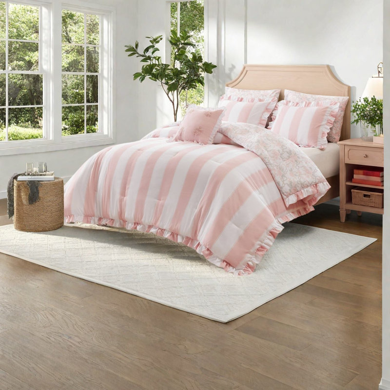 Pink Twin/Twin XL Bedding Sets, Microfiber Ruffle Comforter, Romantic Bedroom