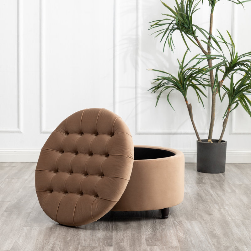 Upholstered Ottoman, Brown Velvet, Brown Wood