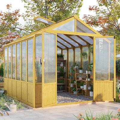 8' x 9.5' x 7.5' Wooden Greenhouse, Pre-Assembled Solid Cedar Frame, Walk-In Design with Lockable Door and Adjustable Roof Vents, Polycarbonate Panels for Outdoor Garden & Backyard