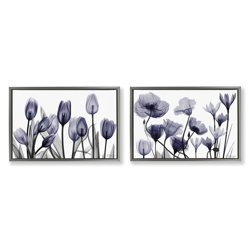 Ensemble de 2 toiles flottantes "Dusk Delight" à fleurs bleues, design par Albert Koetsier, H 21 po x l 31 po