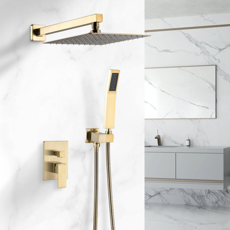 Wall Mounted Brushed Gold 10 Inch Shower With Adjustable Head, Diverter, And High - Quality Finish For A Serene Bathroom Combination Single Lever Handle, Diverter Valve, Easy Clean Square Head Comfort