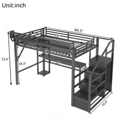 Lit mezzanine double avec bureau et tablettes de présentation, lit mezzanine en métal avec escalier, garde-robe, station de charge et éclairage DEL pour enfants adolescents, noir, produits brevetés