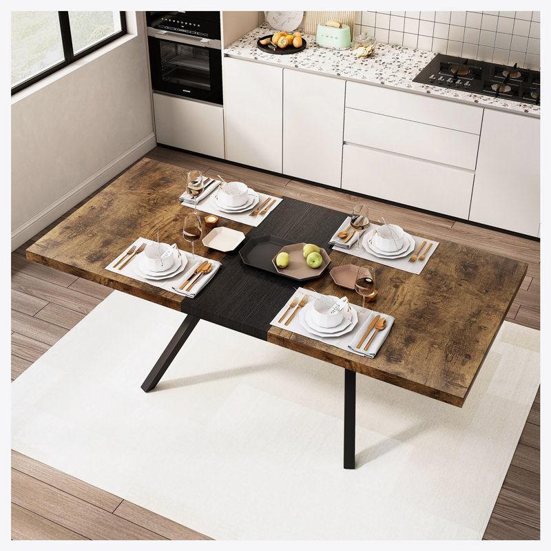 Table de salle à manger rectangulaire rétro avec base en fer fin sable noir, Brun, H 30 po x L 78,7 po x l 35,5 po