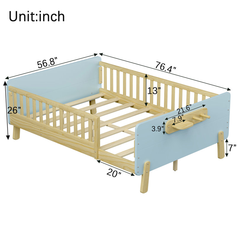 Lit double pour enfants, lit plateforme double en bois avec tête et pied de lit, Bleu