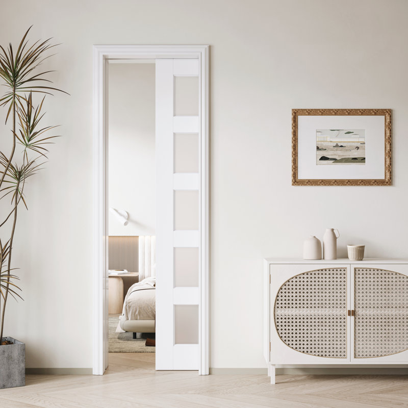 Frosted Glass 5-Lite Sliding Pocket Door White Standard Door with Hardware Kit Set, 1, 24" x 80"