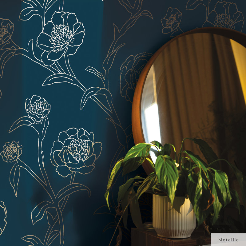 Marlee 33' L x 20.5" W Textured Peel and Stick Wallpaper Roll, Peacock Blue/Metallic Gold, 16.5" L x 20.5" W