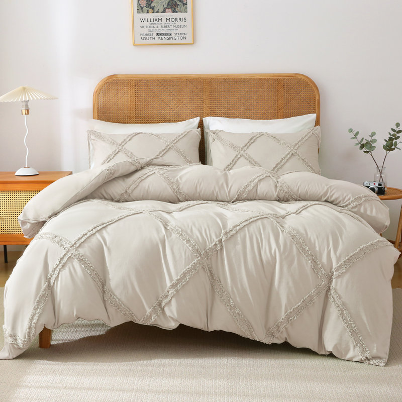 Solayne Boho Tufted Duvet Cover Set – Textured Geometric Pattern, Corner Ties & Zipper Closure, Beige