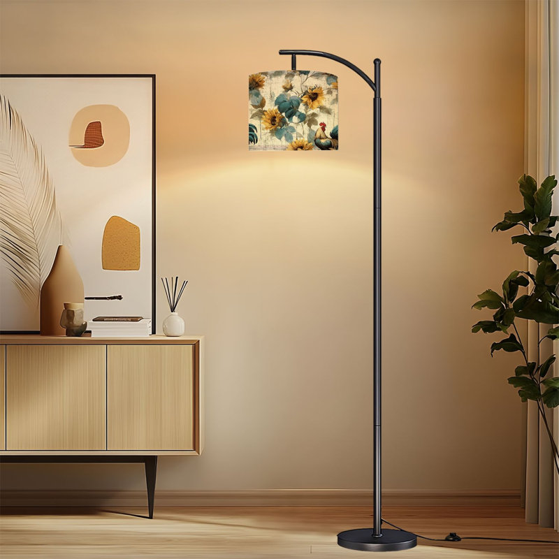 Lampe sur pied à arc avec abat-jour réglable, tournesols, coq, rustique, floral, sarcelle, lampe sur pied, rétro, 3 couleurs, température, intensité variable, grand mât avec interrupteur au pied pour la chambre à coucher