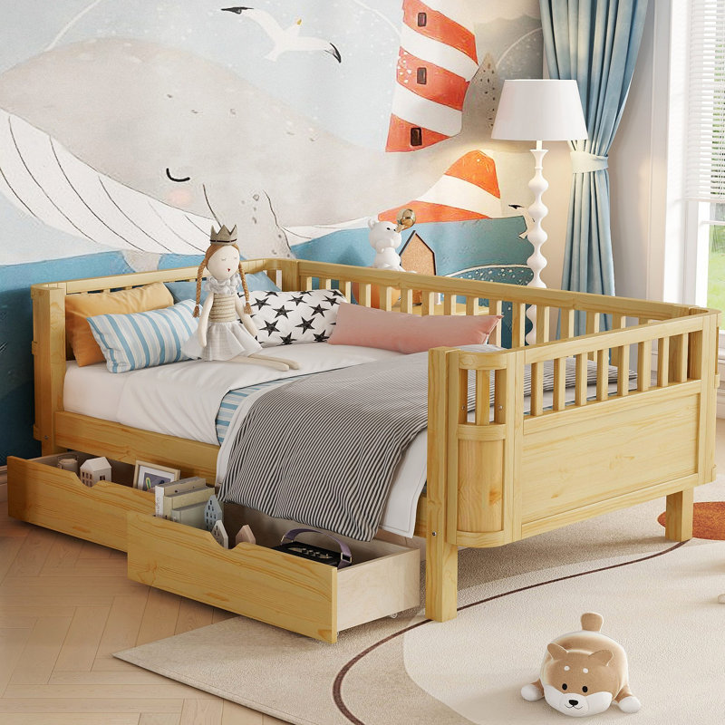 Lit plateforme en bois pour enfants, lit simple en bois à profil bas avec rails pour filles et garçons, Naturel, Lit simple