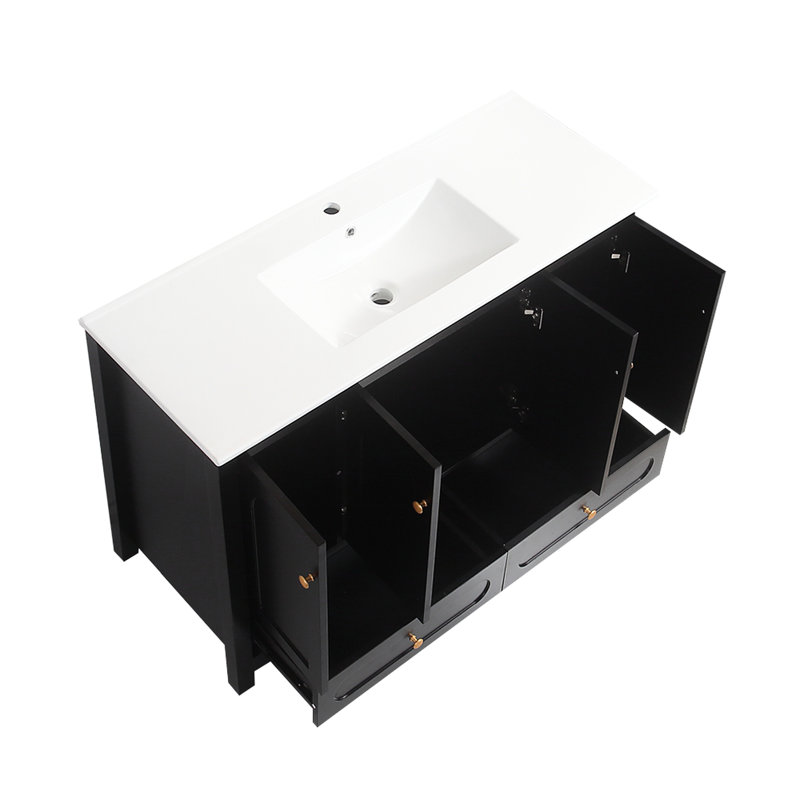 Meuble-lavabo noir 48 po avec lavabo en céramique, 4 portes à fermeture en douceur et 2 tiroirs, armoire en bois massif, évier fonctionnel intemporel pour lavabo décoratif, lavabo facile d'entretien