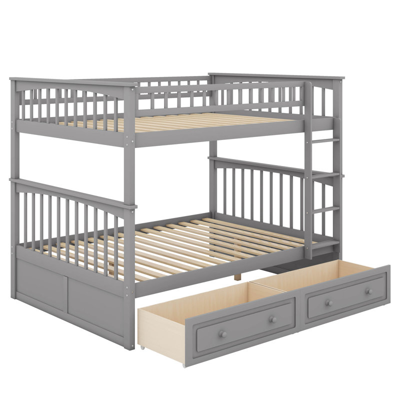 Full Over Full Bunk Bed With Drawers, Gray