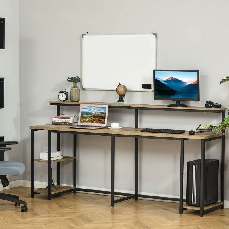 Double bureau d'ordinateur pour deux personnes, très long bureau à domicile avec tablette pour moniteur et support pour unité centrale