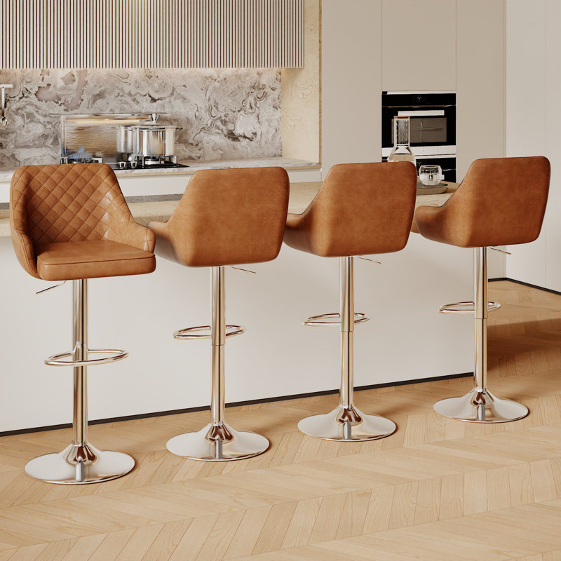 Ensemble de 4 tabourets de bar Aryelle, tabourets réglables à hauteur de comptoir avec dossier et accoudoirs, chaises de bar pivotantes modernes avec repose-pieds, tabourets de cuisine en polyuréthane revêtus d'îlot de cuisine, brun