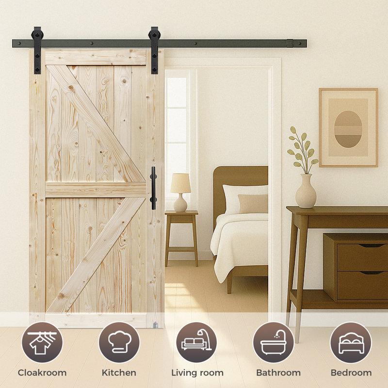 S&Z TOPHAND Unfinished British Brace Knotty Barn Door with Sliding Door Hardware Kit/Solid Wood/Sliding Door/Double Surfaces/A Simple Assembly is Required