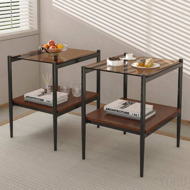 Ensemble de 2 tables de bout rectangulaires, plateau en verre trempé avec panneau de fibres à densité moyenne, table de salon moderne - verre brun