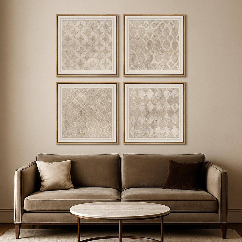 Ensemble de 4 reproductions d'art sur toile encadrées en mosaïque de marbre beige, Naturel, H 16 po x l 16 po