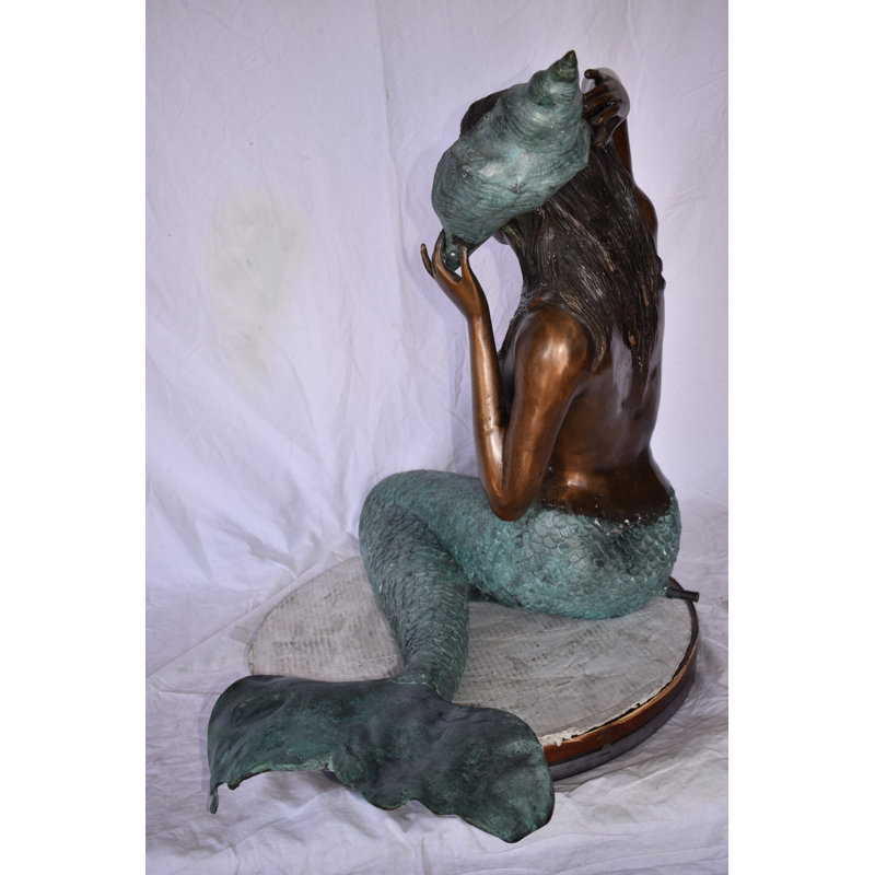 Mermaid Sitting Holding A Shell Bronze Statue Fountain Size: 28" X 25" X 28"H, 28" H x 21" W x 31" D